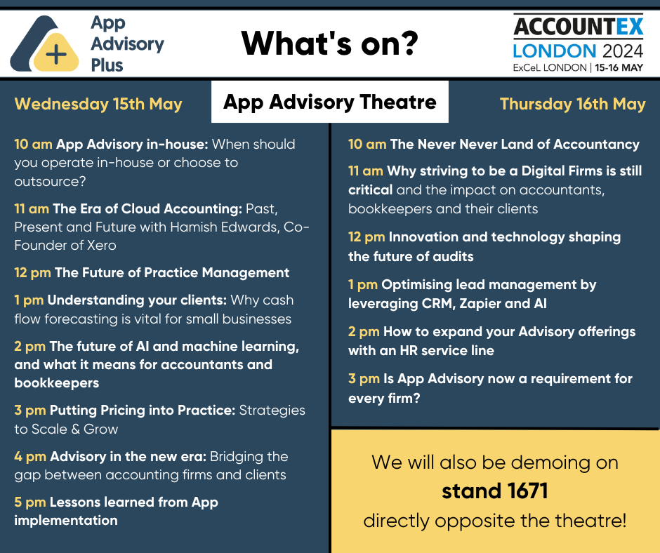 Visit the App Advisory Theatre at Accountex London! 15th-16th May 2024 logo